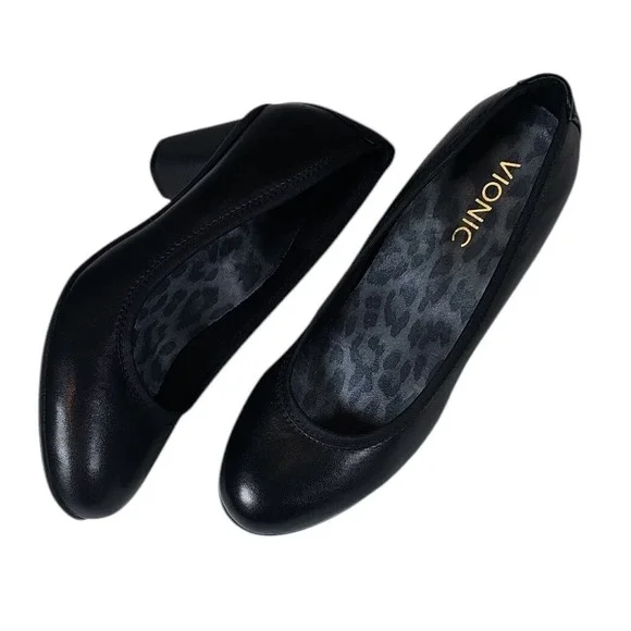 Vionic Mabrey Round Toe‎ Block Heel Pumps Comfortable Leather Shoes Black 7 New - Picture 4 of 7